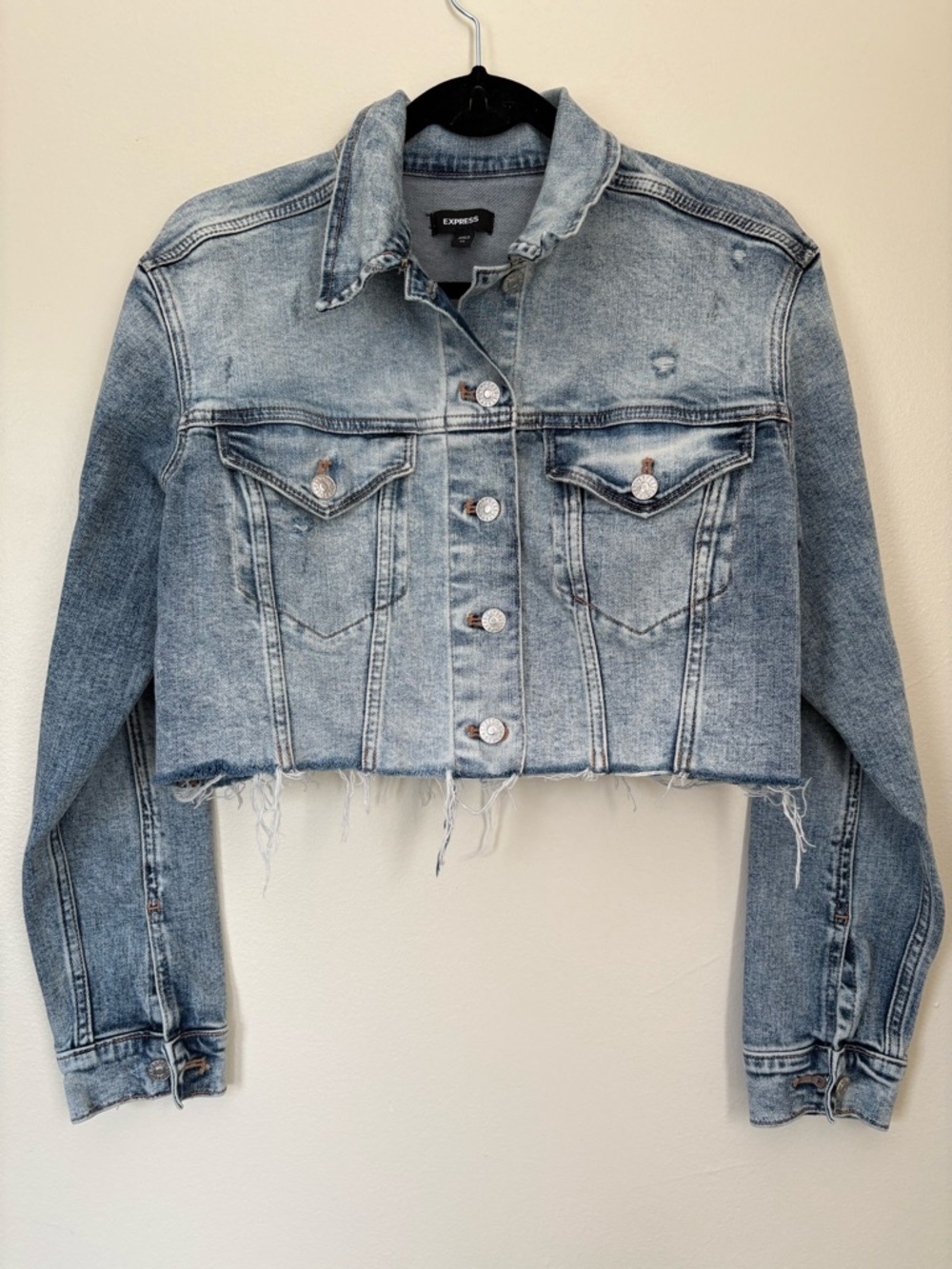 Express Cropped Distressed Denim Jacket Light Wash Size XS